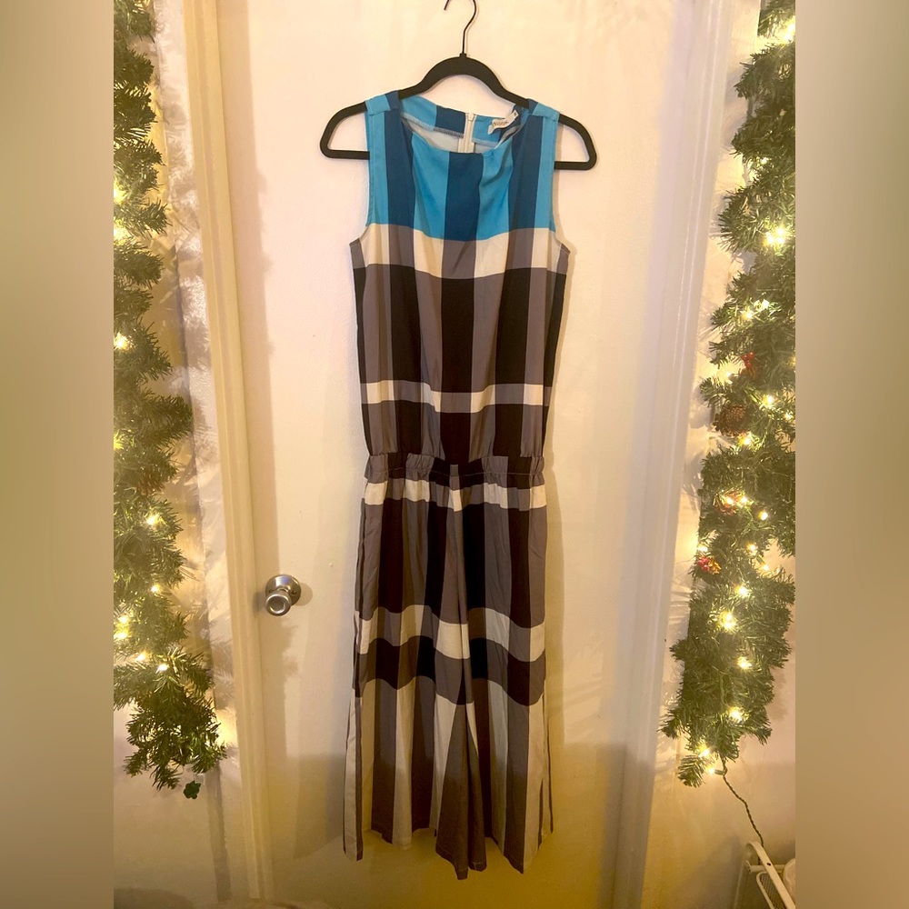 Jumpsuit flowy - blue black and white checker, elastic waist